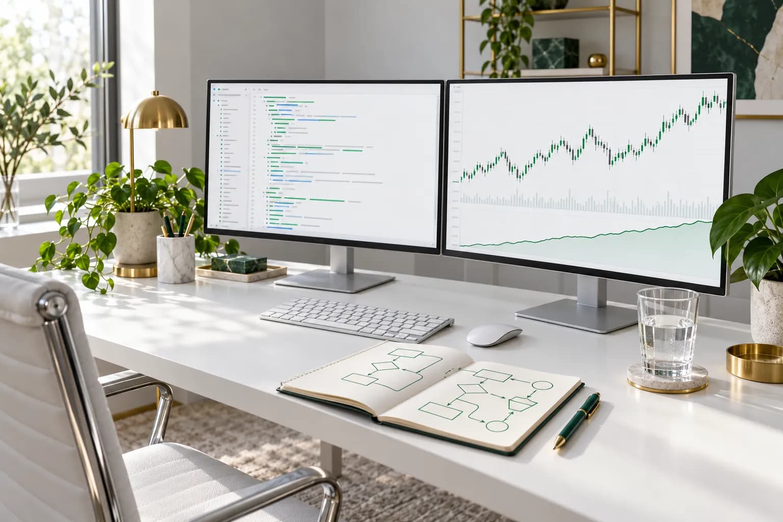 Developer desk with code on one screen and a strategy backtest on the other