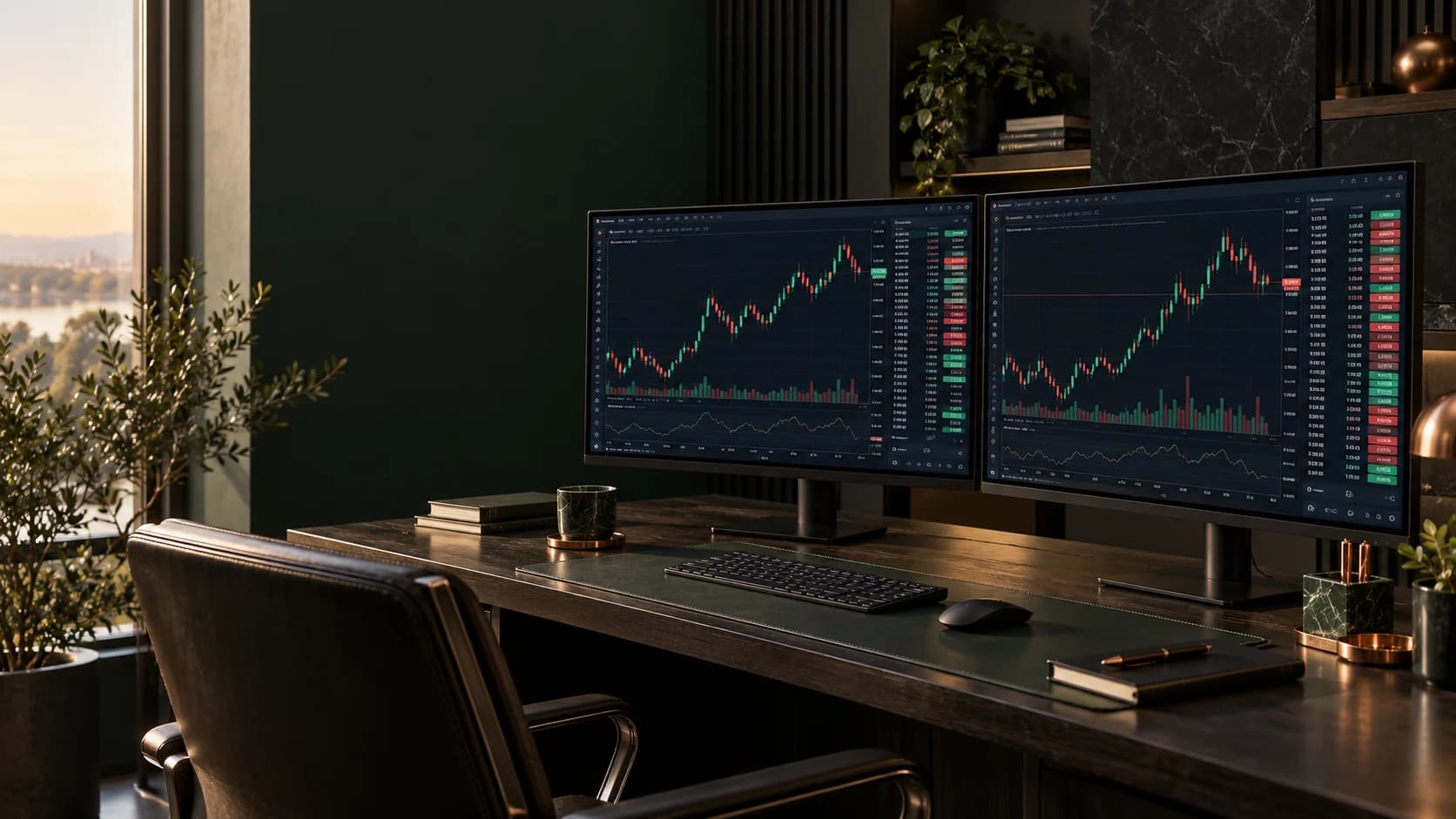 Professional forex trading desk with candlestick charts