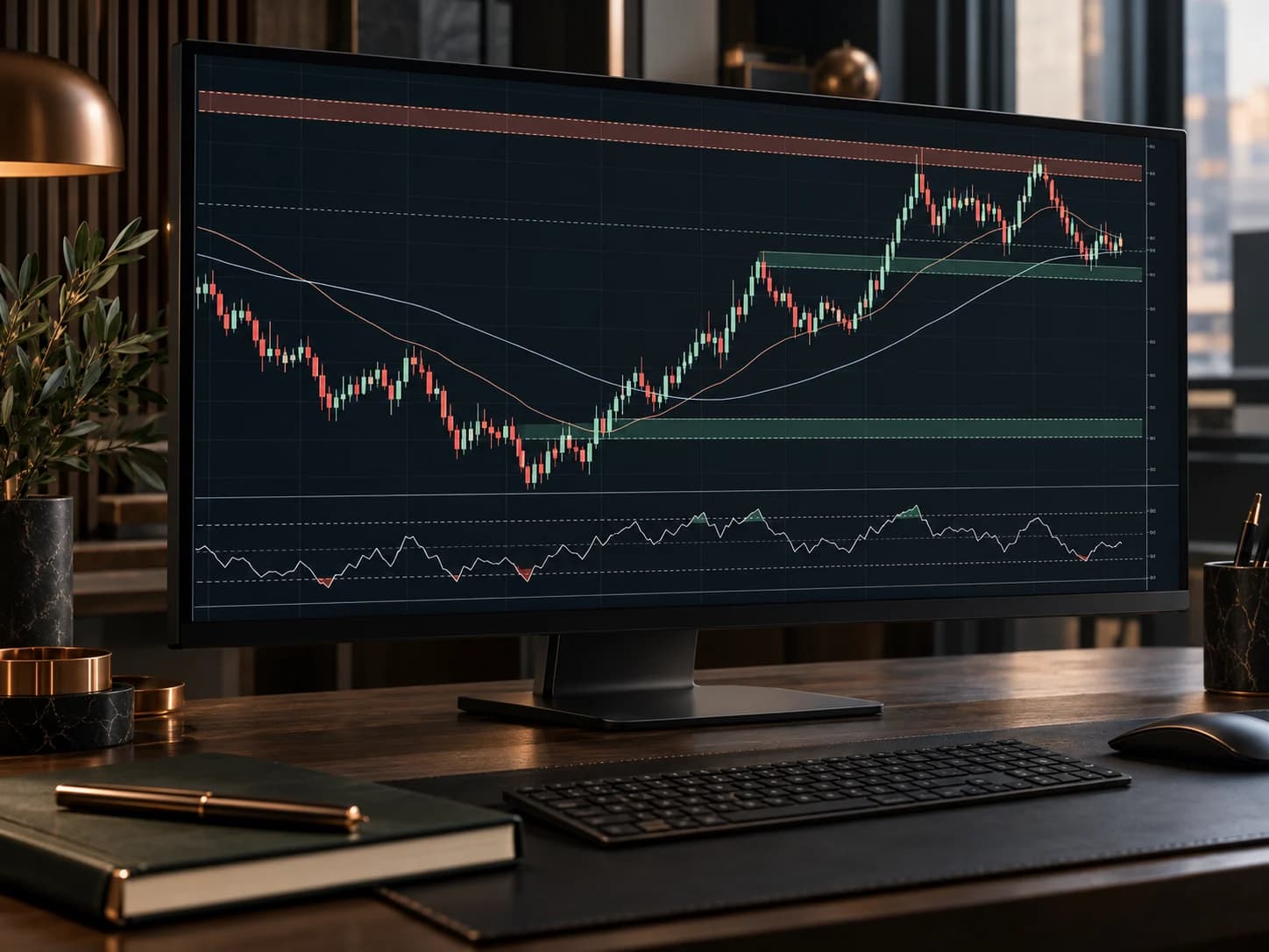 Forex chart with trend indicators and support and resistance zones